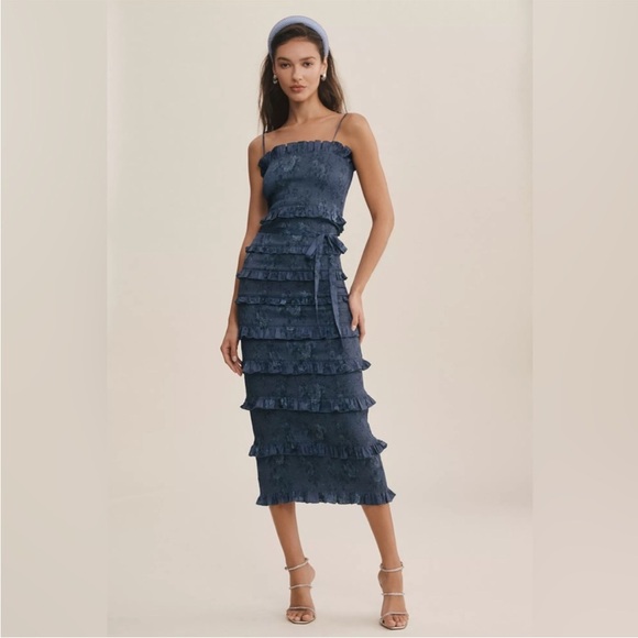 V. Chapman Dresses & Skirts - V. CHAPMAN LILY PRINTED RUCHED & RUFFLED STRETCH MIDI DRESS NAVY BOUQUET 12
